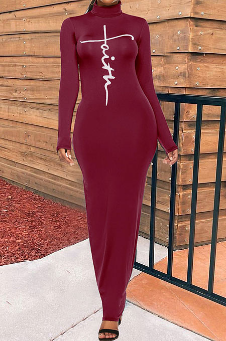 Wine Red Women Long Sleeve Pure Color Sexy Long Dress BYL79000-2