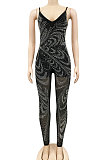 Black Euramerican Women Sexy Club Mesh Spaghetti Hot Drilling Condole Belt Bodycon Jumpsuits XZ5280-1
