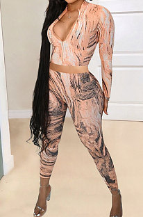 Landscape Printing Polyester Women Autumn Winter Long Sleeve Zipper Pants Sets GB8029