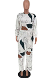 White Digital Pinting Long Sleeve O Neck Top Drawsting Wide Leg Pants Casual Two-Piece AMX6052