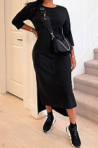 Black Euramerican Women Solid Color Seven Points Sleeve Irregular Lower Hem Midi Dress AYQ08019-1