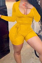 Neon Yellow Wholesal New Women Ribber Long Sleeve Deep V Collar Slim Fitting Solid Color Romper Shorts CL6095-3