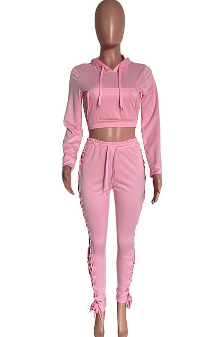 Gray Autumn Winter Euramerican Fashion Eyelet Bnadage Solid Color Hollow Out Hoodie Tops Pants Sets HM5496-2