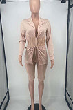 Apricot Euramerican Women Solid Color Spliced Mesh Spaghetti Tight Turn-Down Collar Shorts Sets AYL88885-1