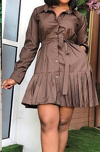 Brown Fashion Autumn Long Sleeve Lapel Neck Single-Breasted Shorts Beltband  Swing Shirt Dress JC7068-4