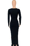 Black Women Sexy Long Sleeve Solid Color Printing Elastic Waist Long Dress BYL77000