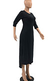 Blue Euramerican Women Solid Color Seven Points Sleeve Irregular Lower Hem Midi Dress AYQ08019-3