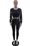 Pink Cotton Blend Splash-Ink Spliced Long Sleeve Round Neck Blouse Tight Pencil Pants Casual Sets BM7217-2