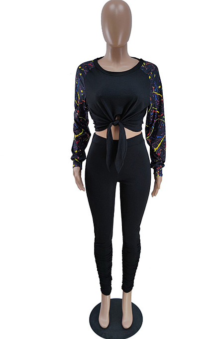 Black Cotton Blend Splash-Ink Spliced Long Sleeve Round Neck Blouse Tight Pencil Pants Casual Sets BM7217-3