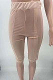 Yellow Euramerican Women Solid Color Spliced Mesh Spaghetti Tight Turn-Down Collar Shorts Sets AYL88885-6