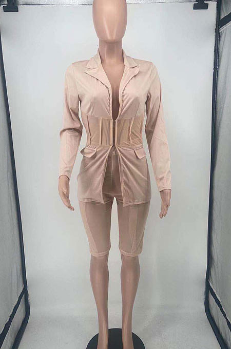 Blue Euramerican Women Solid Color Spliced Mesh Spaghetti Tight Turn-Down Collar Shorts Sets AYL88885-5