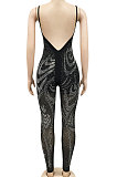 Black Euramerican Women Sexy Club Mesh Spaghetti Hot Drilling Condole Belt Bodycon Jumpsuits XZ5280-1