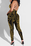 Black Euramerican Women Sexy Club Mesh Spaghetti Hot Drilling Condole Belt Bodycon Jumpsuits XZ5280-1