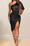 Brown New Euramerican Fashion Pure Color Women Tight One Shoulder Split Mini Dress XZ5273-3
