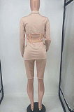 Red Euramerican Women Solid Color Spliced Mesh Spaghetti Tight Turn-Down Collar Shorts Sets AYL88885-2