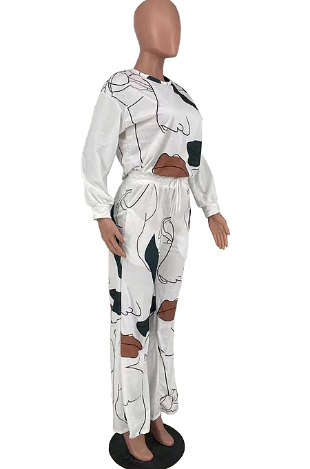 White Digital Pinting Long Sleeve O Neck Top Drawsting Wide Leg Pants Casual Two-Piece AMX6052