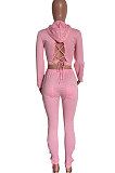 Black Autumn Winter Euramerican Fashion Eyelet Bnadage Solid Color Hollow Out Hoodie Tops Pants Sets HM5496-3