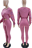 Light Gray Cotton Blend Splash-Ink Spliced Long Sleeve Round Neck Blouse Tight Pencil Pants Casual Sets BM7217-1