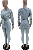 Pink Cotton Blend Splash-Ink Spliced Long Sleeve Round Neck Blouse Tight Pencil Pants Casual Sets BM7217-2