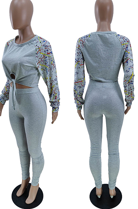Black Cotton Blend Splash-Ink Spliced Long Sleeve Round Neck Blouse Tight Pencil Pants Casual Sets BM7217-3