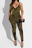 Black Euramerican Women Sexy Club Mesh Spaghetti Hot Drilling Condole Belt Bodycon Jumpsuits XZ5280-1