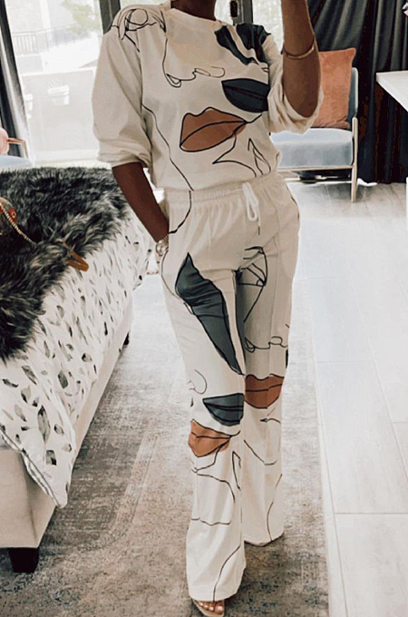 White Digital Pinting Long Sleeve O Neck Top Drawsting Wide Leg Pants Casual Two-Piece AMX6052