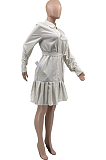 Brown Fashion Autumn Long Sleeve Lapel Neck Single-Breasted Shorts Beltband  Swing Shirt Dress JC7068-4
