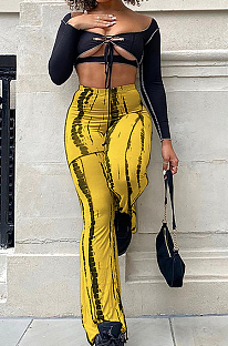 Yellow Sexy Autumn Long Sleeve Low-Cut Hollow Out Strapless High Waist Spots Printing Pants Two-Piece BM7209-9