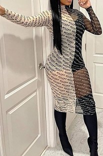 Black White Letter Printing Contrast Color Spliced Mest See-Through Long Sleeve High Neck Slim Fitting Dress BM7208