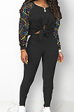 Pink Cotton Blend Splash-Ink Spliced Long Sleeve Round Neck Blouse Tight Pencil Pants Casual Sets BM7217-2