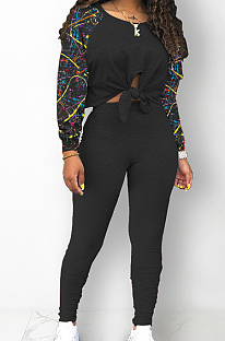 Black Cotton Blend Splash-Ink Spliced Long Sleeve Round Neck Blouse Tight Pencil Pants Casual Sets BM7217-3