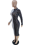 Black White Letter Printing Contrast Color Spliced Mest See-Through Long Sleeve High Neck Slim Fitting Dress BM7208
