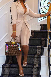 Apricot Euramerican Women Solid Color Spliced Mesh Spaghetti Tight Turn-Down Collar Shorts Sets AYL88885-1