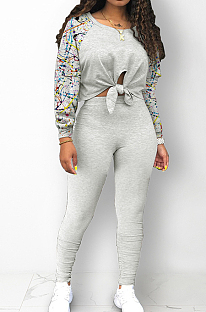 Light Gray Cotton Blend Splash-Ink Spliced Long Sleeve Round Neck Blouse Tight Pencil Pants Casual Sets BM7217-1