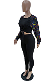 Light Gray Cotton Blend Splash-Ink Spliced Long Sleeve Round Neck Blouse Tight Pencil Pants Casual Sets BM7217-1