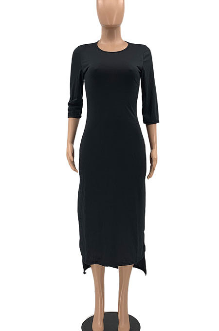 Wine Red Euramerican Women Solid Color Seven Points Sleeve Irregular Lower Hem Midi Dress AYQ08019-2
