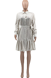 Brown Fashion Autumn Long Sleeve Lapel Neck Single-Breasted Shorts Beltband  Swing Shirt Dress JC7068-4