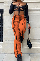 Orange Sexy Autumn Long Sleeve Low-Cut Hollow Out Strapless High Waist Spots Printing Pants Two-Piece BM7209-2