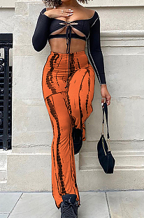 Orange Sexy Autumn Long Sleeve Low-Cut Hollow Out Strapless High Waist Spots Printing Pants Two-Piece BM7209-2