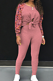 Light Gray Cotton Blend Splash-Ink Spliced Long Sleeve Round Neck Blouse Tight Pencil Pants Casual Sets BM7217-1