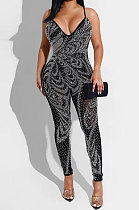 Black Euramerican Women Sexy Club Mesh Spaghetti Hot Drilling Condole Belt Bodycon Jumpsuits XZ5280-1