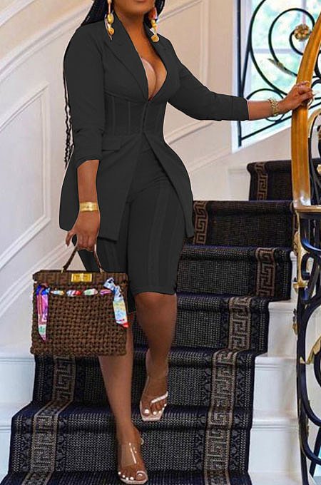 Black Euramerican Women Solid Color Spliced Mesh Spaghetti Tight Turn-Down Collar Shorts Sets AYL88885-4