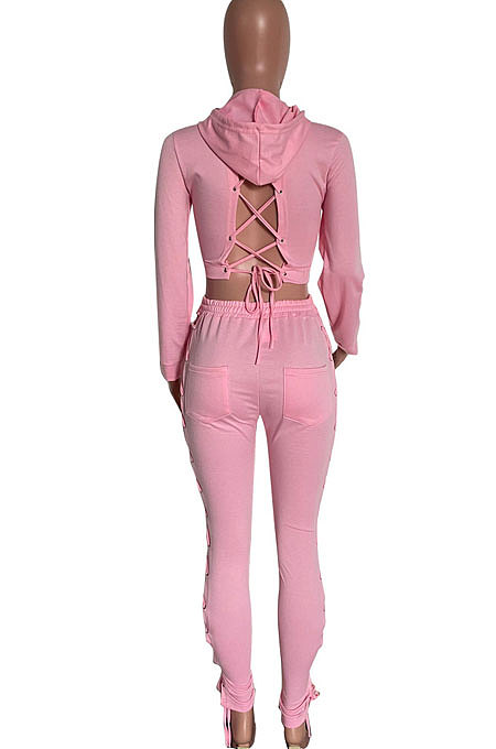 Light Blue Autumn Winter Euramerican Fashion Eyelet Bnadage Solid Color Hollow Out Hoodie Tops Pants Sets HM5496-4