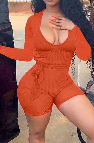 Peacock Blue Wholesal New Women Ribber Long Sleeve Deep V Collar Slim Fitting Solid Color Romper Shorts CL6095-6