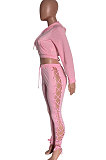 Light Blue Autumn Winter Euramerican Fashion Eyelet Bnadage Solid Color Hollow Out Hoodie Tops Pants Sets HM5496-4