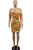 Yellow Long Sleeve Euramerican Dew Waist One Shoulder Sexy Mini Dress GB8030-1