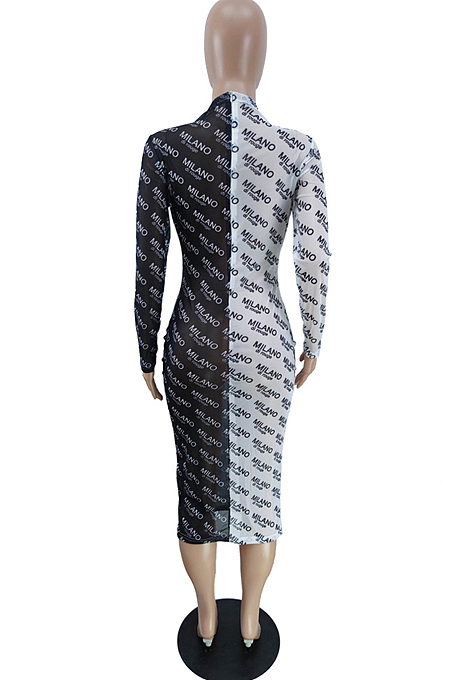 Black White Letter Printing Contrast Color Spliced Mest See-Through Long Sleeve High Neck Slim Fitting Dress BM7208