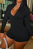 Rose Red Wholesal Simple Pure Color Long Sleeve Stand Neck Zippet Collcet Waist Tight Romper Shorts DN8630-1