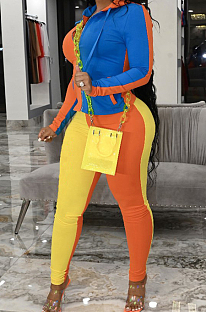 Orange Wholesal Autumn Winter Contrast Color Spliced Long Sleeve Zipper Hoodie Bodycon Pants Sport Sets SMD82080-3