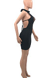 Black Women Fashion Solid Color Hip Deep V  Collar Hallter Neck Backless Mini Dress PH1201-2